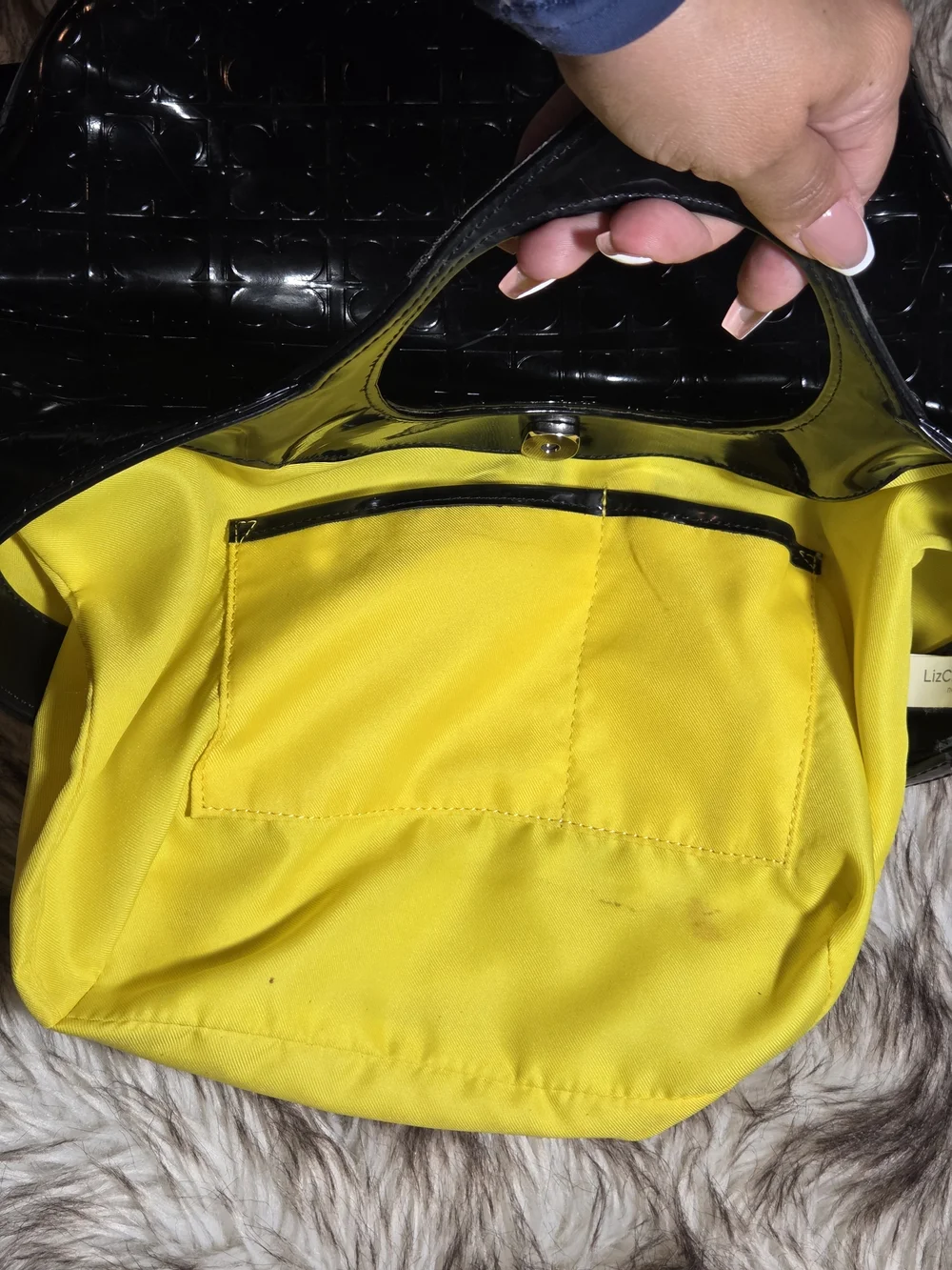 Vintage Liz Claiborne Black Patent Monogram Tote With Yellow Interior Y2K Style